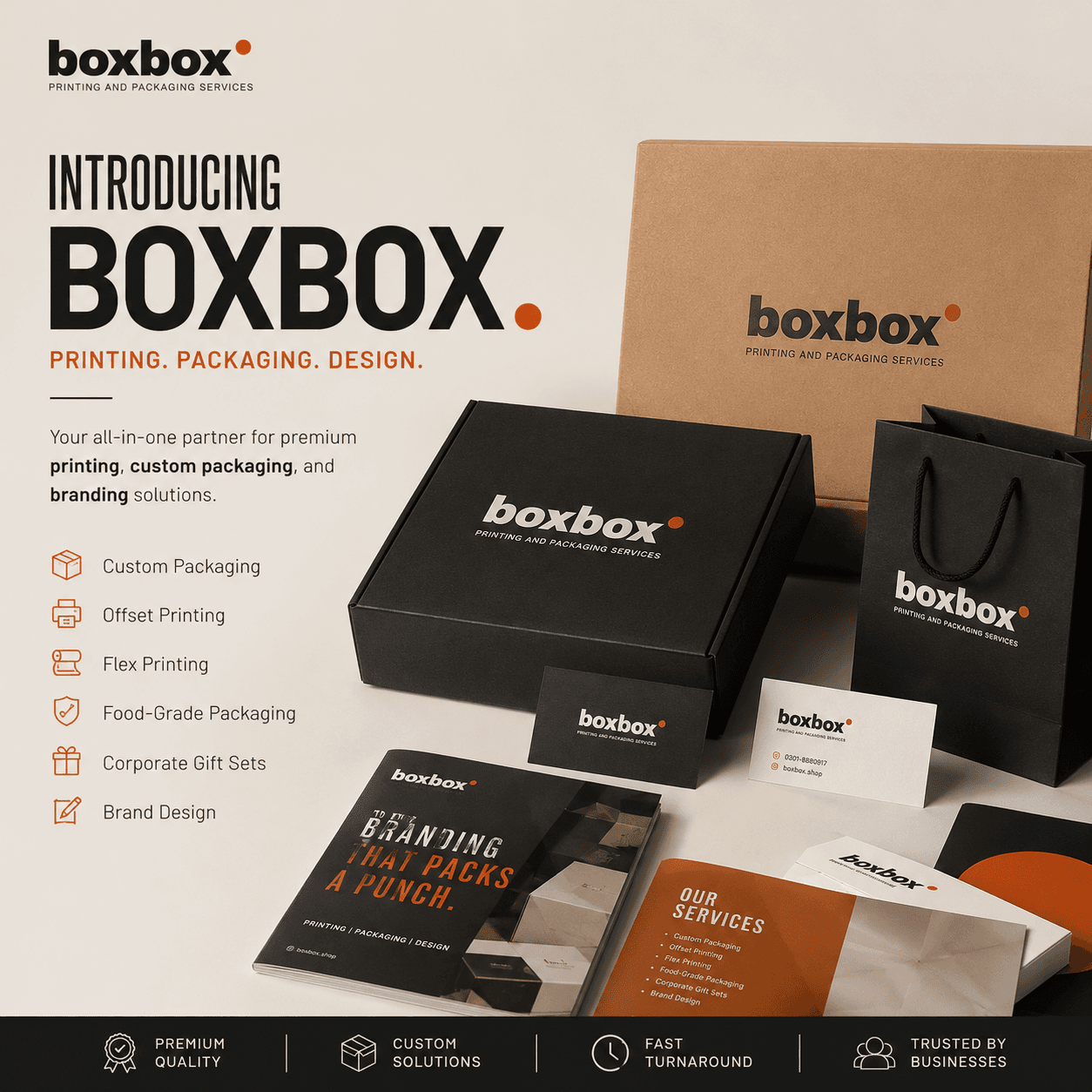 BoxBox branded rigid boxes, paper bags, printed cards and presentation materials