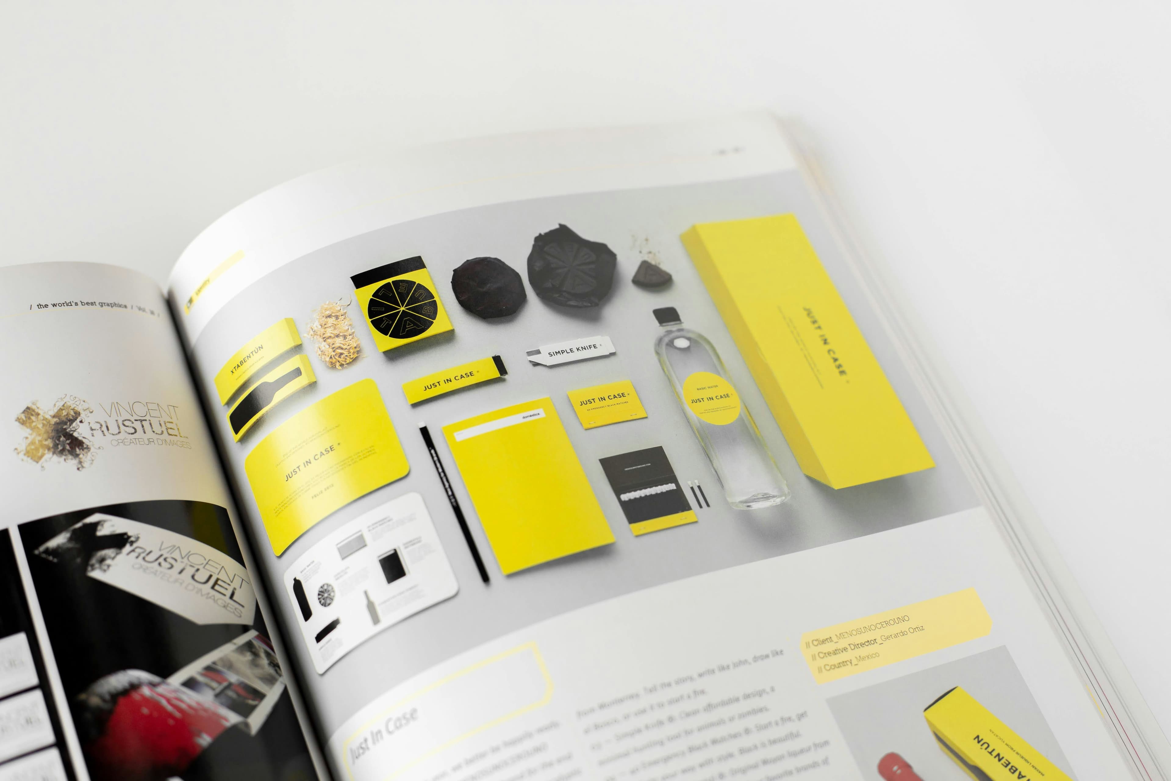A printed design annual showing coordinated packaging and brand materials